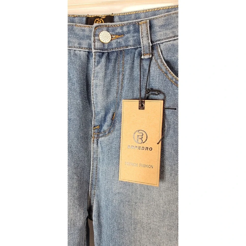 SRPEDRO Women's High Waist Distressed Cut Out Denim Jeans Mid-Wash Sz 9 / 10 - Picture 8 of 9